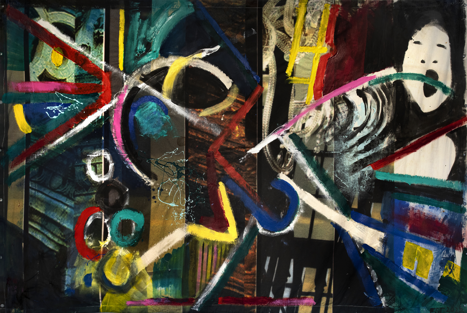 Zur Lage der Nation, nach der Musik von Rebecca Saunders, 2024 Industriefarben auf Bannerdruck 200 x 294 cm Gemeinschaftsarbeit mit Jenny Alten im Rahmen von „Zuspiel-Dialoge wahlweise“, veranlasst vom BBK Brandenburg e. V.